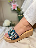 Blue Leather Elegant Crystal Embellished Wedge For Women