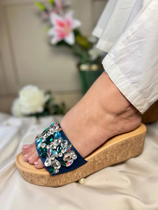 Blue Leather Elegant Crystal Embellished Wedge For Women