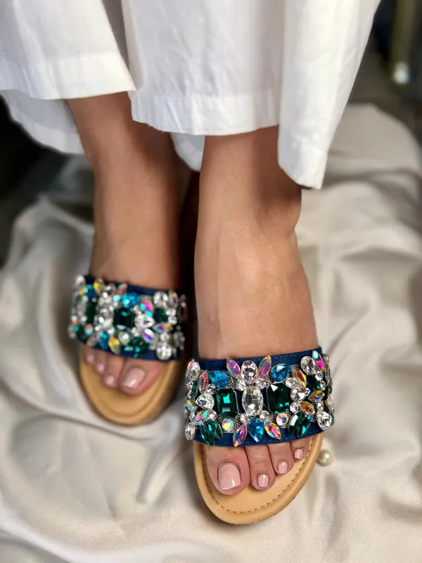 Blue Leather Elegant Crystal Embellished Wedge For Women
