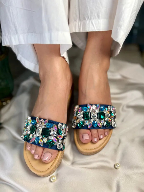 Blue Leather Elegant Crystal Embellished Wedge For Women