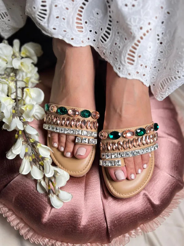 Multicolour Leather Emerald & Crystal Embellished Wedges For Women