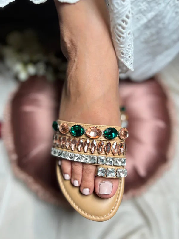 Multicolour Leather Emerald & Crystal Embellished Wedges For Women