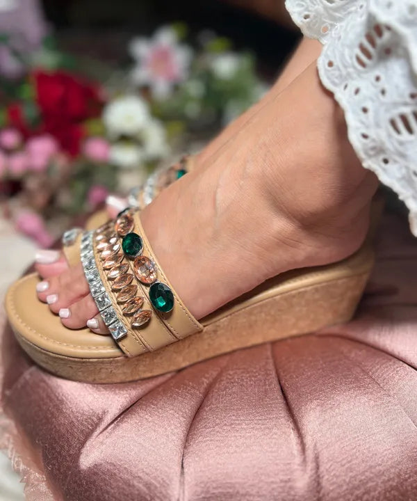 Multicolour Leather Emerald & Crystal Embellished Wedges For Women