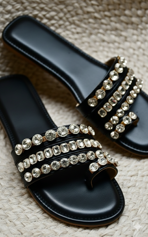 Black Polyster Crystal Glaze Flats For Women