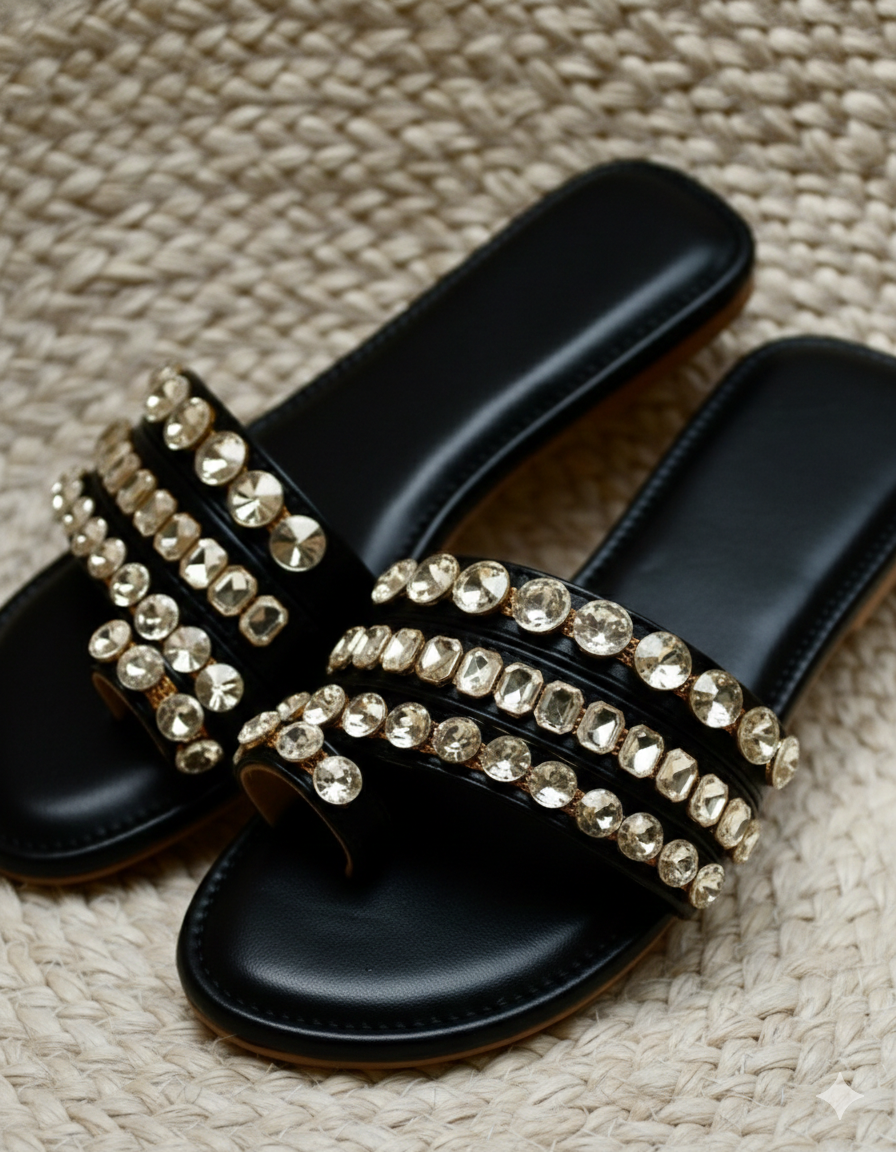 Black Polyster Crystal Glaze Flats For Women