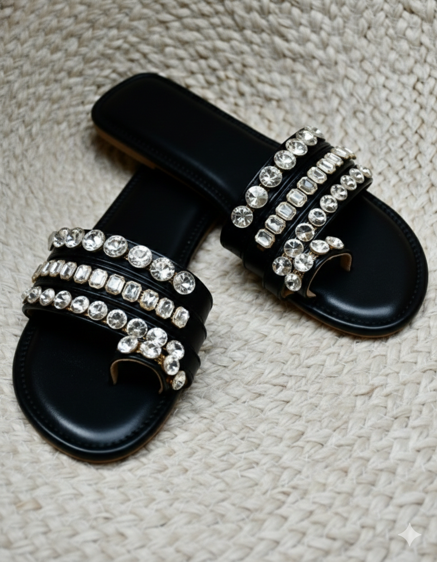 Black Polyster Crystal Glaze Flats For Women