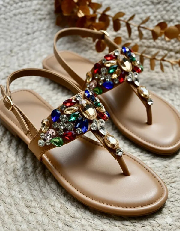 Brown_Polyster_Ornate_Sparkle_T-Strap_Flats_For_Women