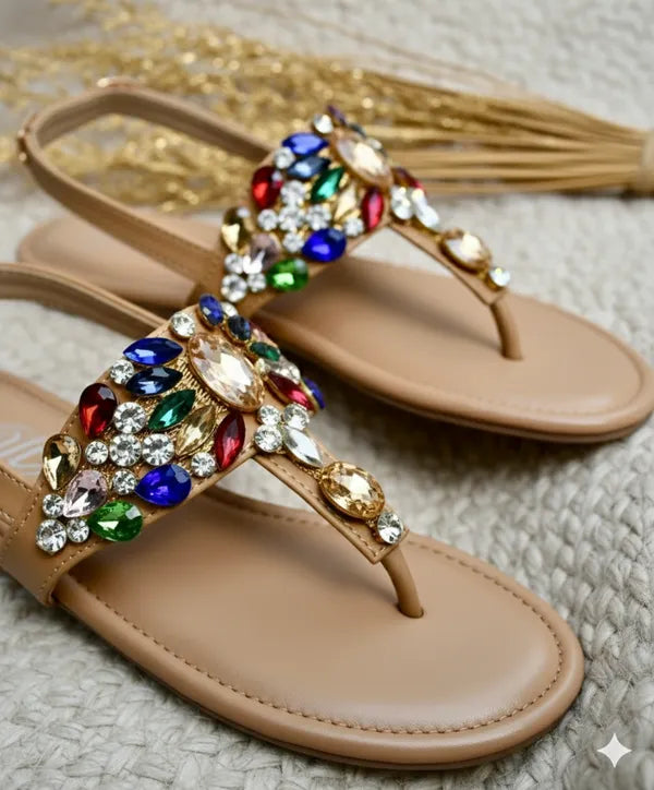 Brown_Polyster_Ornate_Sparkle_T-Strap_Flats_For_Women