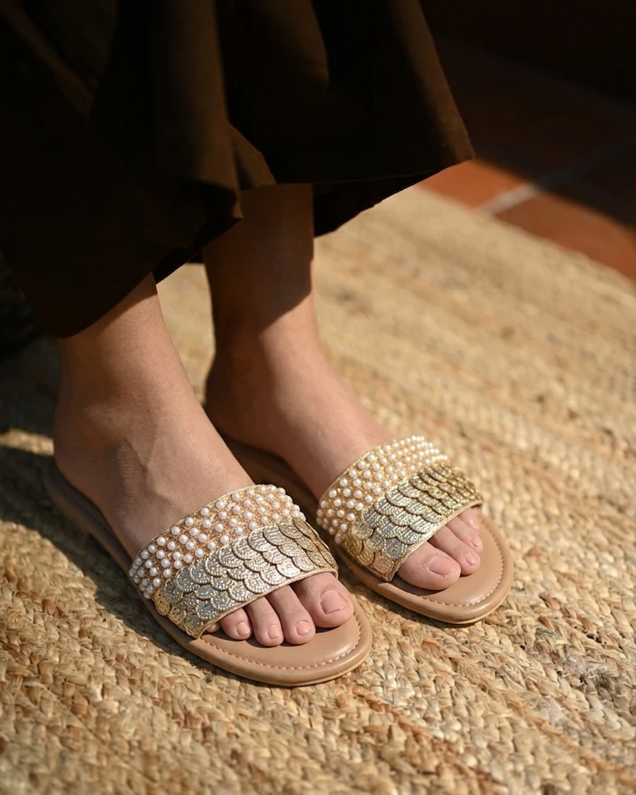 Golden Halo Pearl Flats For Women