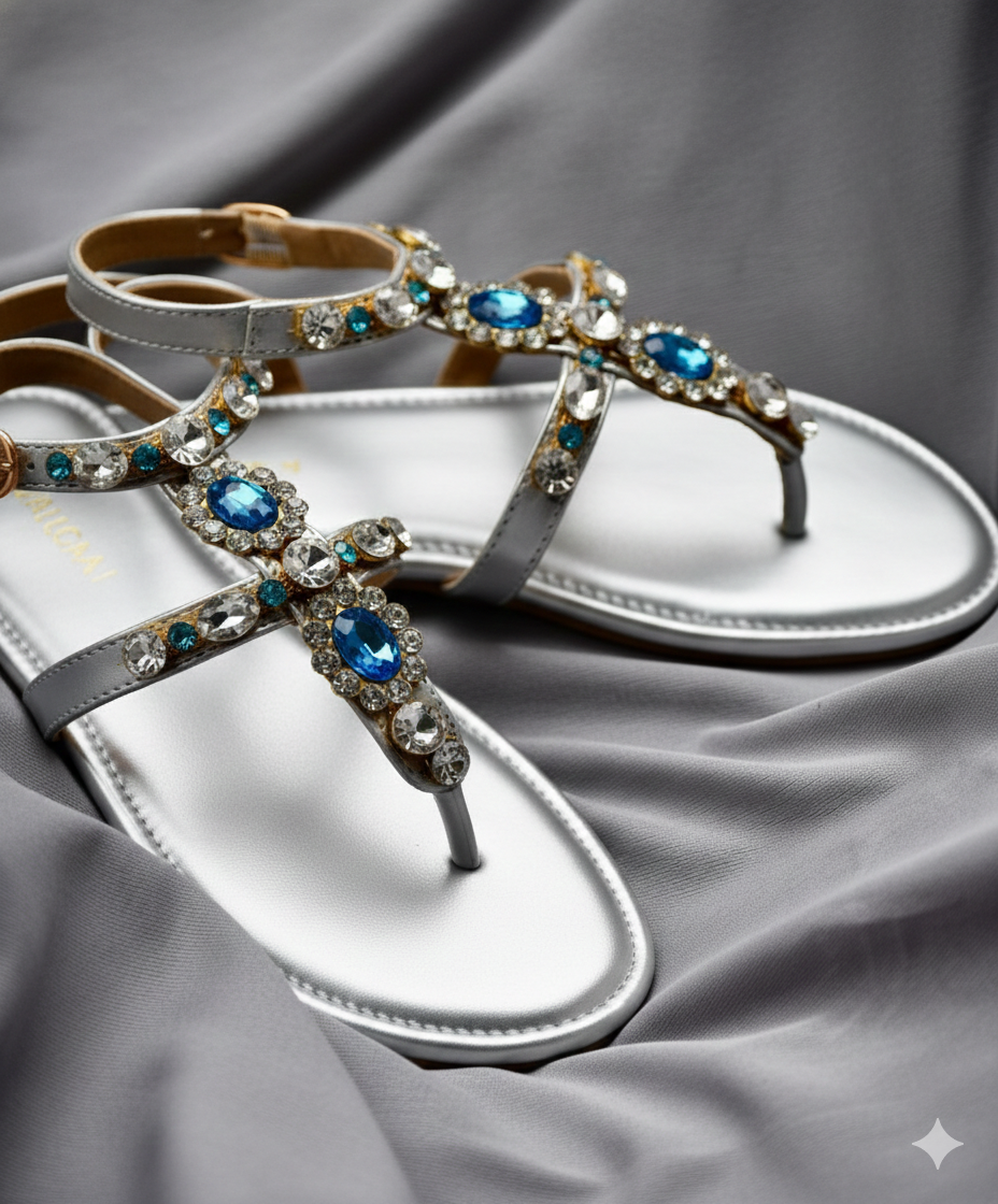 Silver Polyster Blue Aura Flats For Women