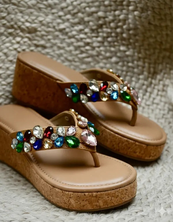 Brown Leather Gem Garden Wedges For Women