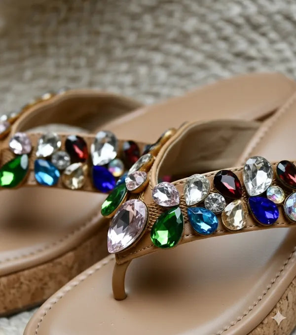 Brown Leather Gem Garden Wedges For Women
