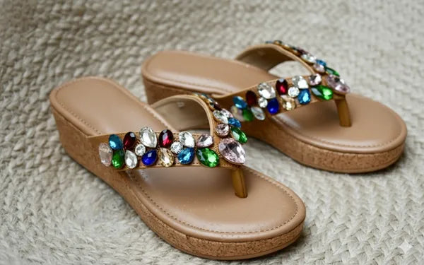Brown Leather Gem Garden Wedges For Women