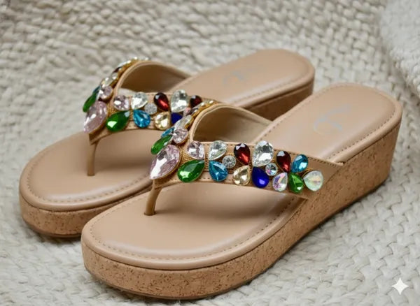 Brown Leather Gem Garden Wedges For Women
